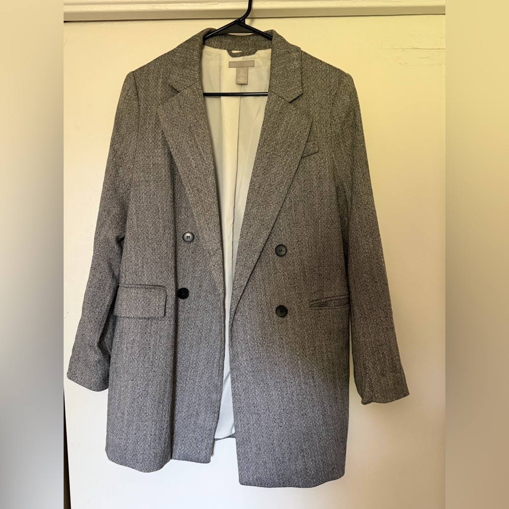 H&M Black and White Herringbone Coat